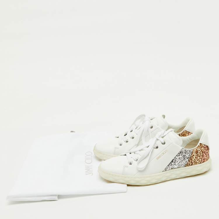 Pre Owned Jimmy Choo White Leather and Glitter Detail Diamond Low Top Sneakers Size 37