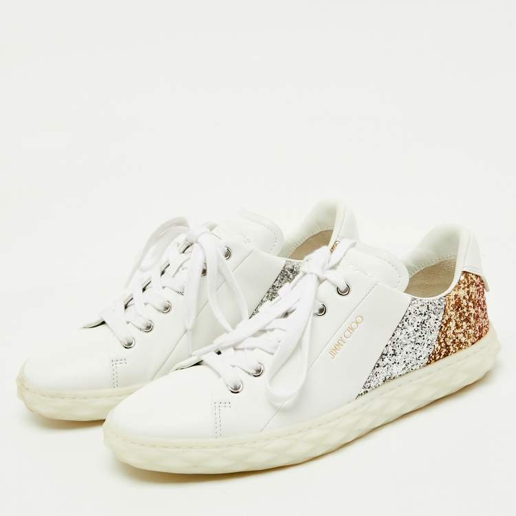 Pre Owned Jimmy Choo White Leather and Glitter Detail Diamond Low Top Sneakers Size 37