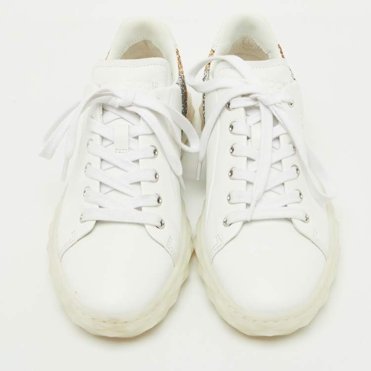 Pre Owned Jimmy Choo White Leather and Glitter Detail Diamond Low Top Sneakers Size 37