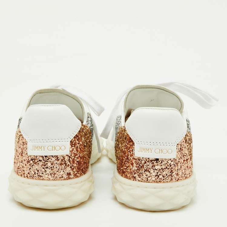 Pre Owned Jimmy Choo White Leather and Glitter Detail Diamond Low Top Sneakers Size 37
