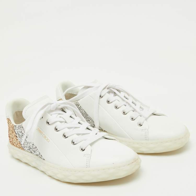Pre Owned Jimmy Choo White Leather and Glitter Detail Diamond Low Top Sneakers Size 37