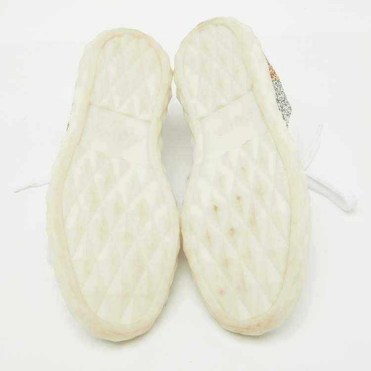 Pre Owned Jimmy Choo White Leather and Glitter Detail Diamond Low Top Sneakers Size 37