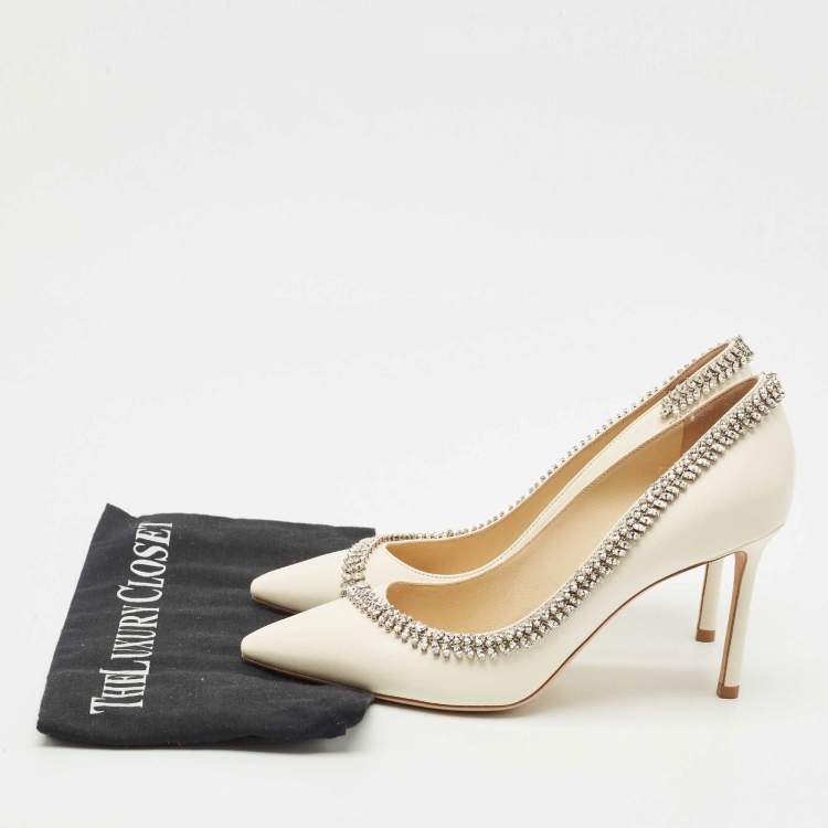 Pre Owned Jimmy Choo Cream Leather Crystal Embellished Romy Pointed Toe Pumps Size 38