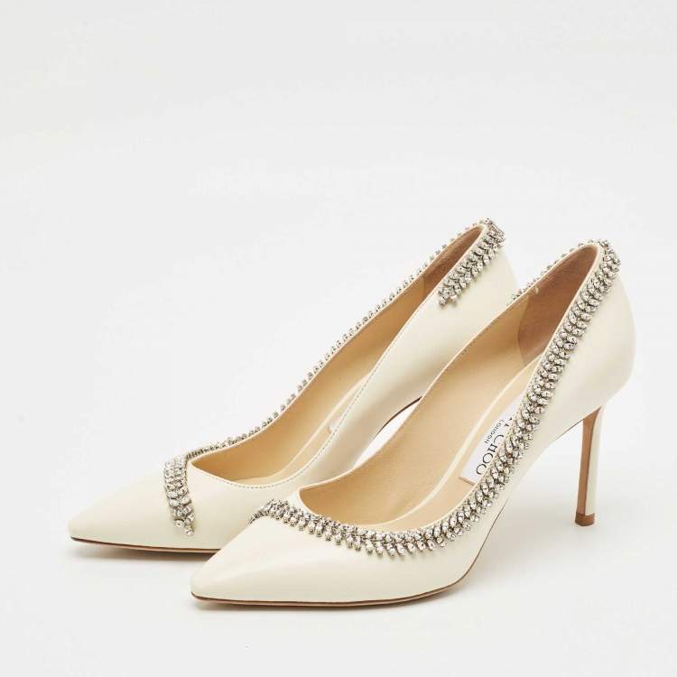 Pre Owned Jimmy Choo Cream Leather Crystal Embellished Romy Pointed Toe Pumps Size 38