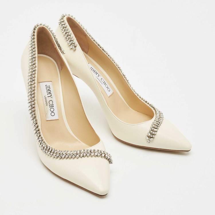 Pre Owned Jimmy Choo Cream Leather Crystal Embellished Romy Pointed Toe Pumps Size 38