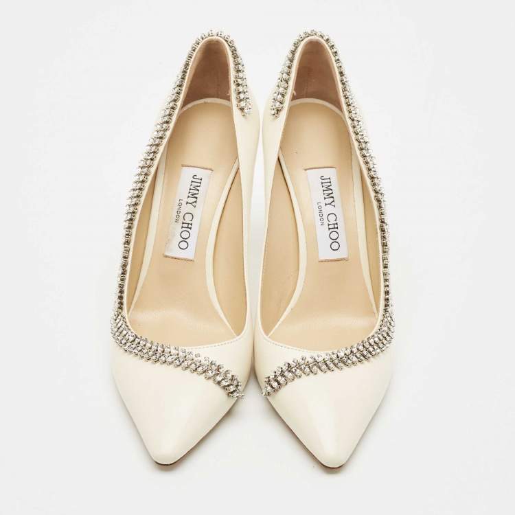 Pre Owned Jimmy Choo Cream Leather Crystal Embellished Romy Pointed Toe Pumps Size 38