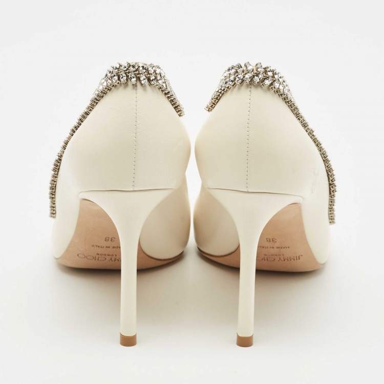 Pre Owned Jimmy Choo Cream Leather Crystal Embellished Romy Pointed Toe Pumps Size 38