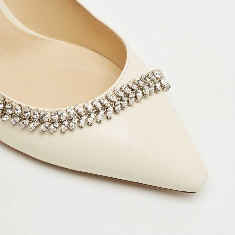 Pre Owned Jimmy Choo Cream Leather Crystal Embellished Romy Pointed Toe Pumps Size 38