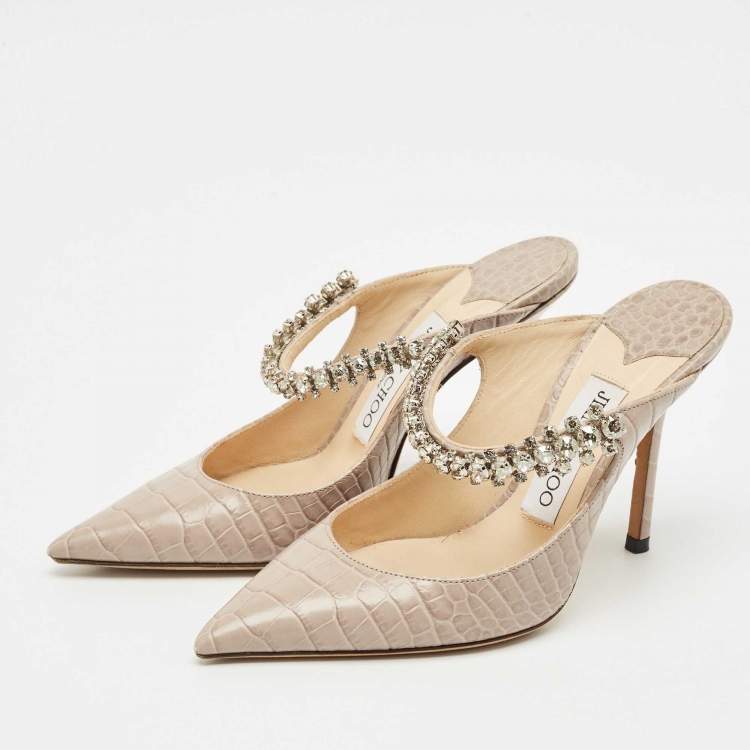 Pre Owned Jimmy Choo Beige Croc Embossed Leather Bing Mules Size 34