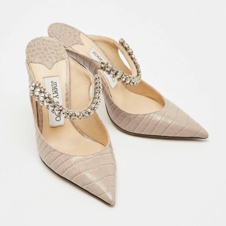 Pre Owned Jimmy Choo Beige Croc Embossed Leather Bing Mules Size 34