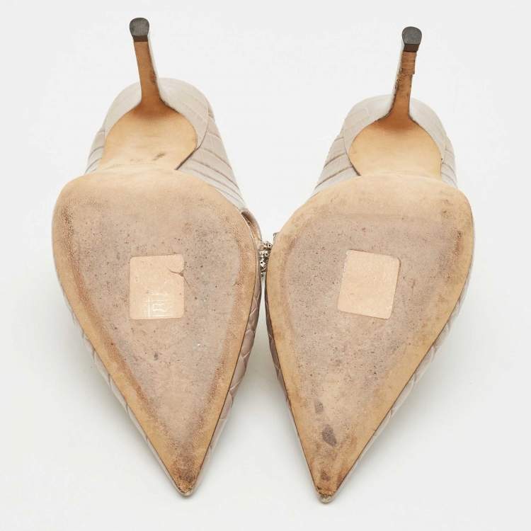Pre Owned Jimmy Choo Beige Croc Embossed Leather Bing Mules Size 34