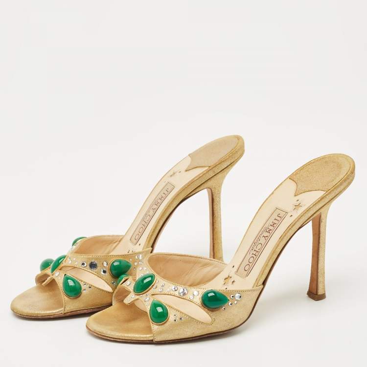 Pre Owned Jimmy Choo Gold Texture Suede Crystal Embellished Slide Sandals Size 36.5