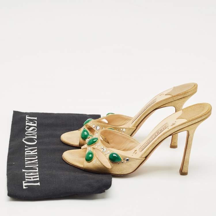 Pre Owned Jimmy Choo Gold Texture Suede Crystal Embellished Slide Sandals Size 36.5