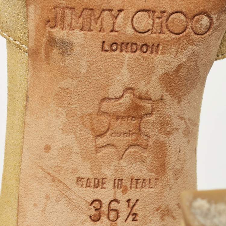 Pre Owned Jimmy Choo Gold Texture Suede Crystal Embellished Slide Sandals Size 36.5