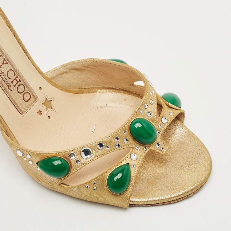 Pre Owned Jimmy Choo Gold Texture Suede Crystal Embellished Slide Sandals Size 36.5