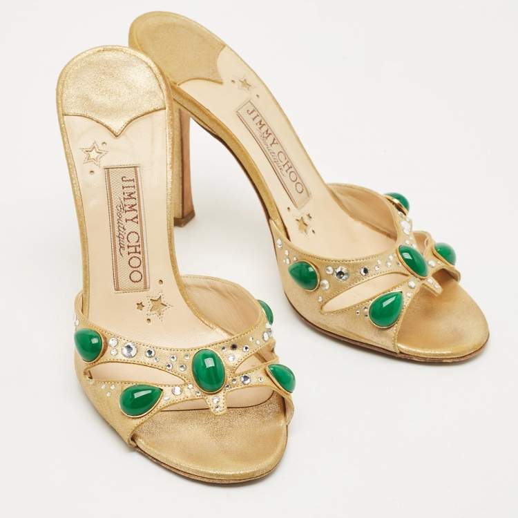 Pre Owned Jimmy Choo Gold Texture Suede Crystal Embellished Slide Sandals Size 36.5