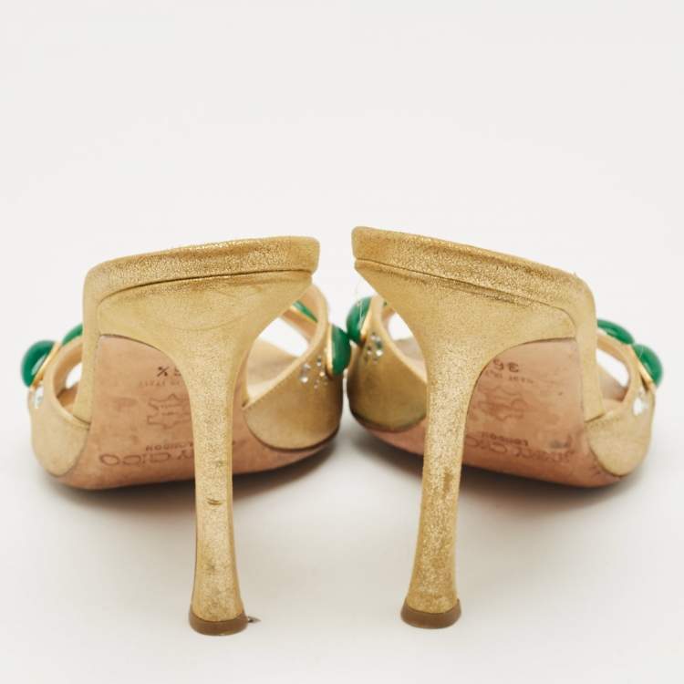 Pre Owned Jimmy Choo Gold Texture Suede Crystal Embellished Slide Sandals Size 36.5
