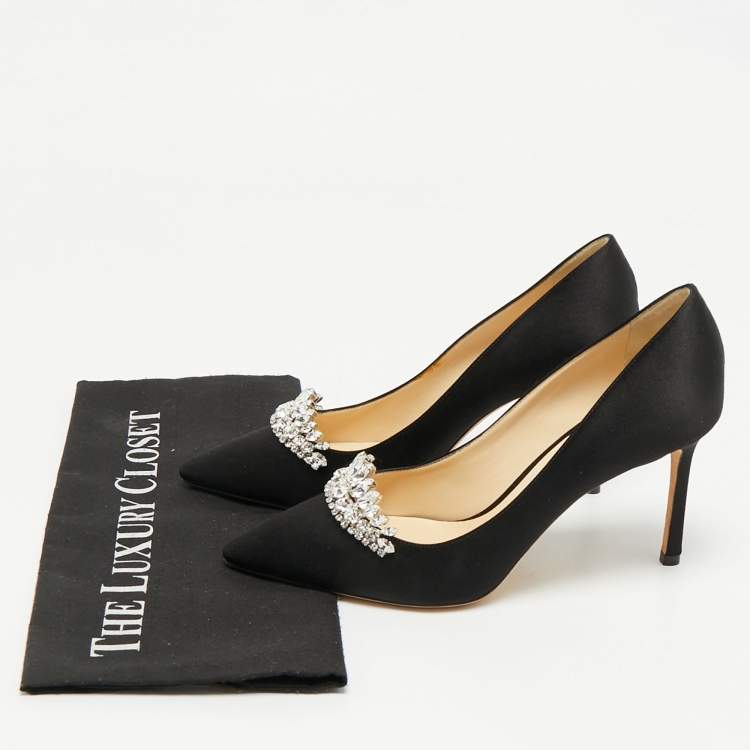 Pre Owned Jimmy Choo Black Satin Crystal Embellished Pumps Size 38