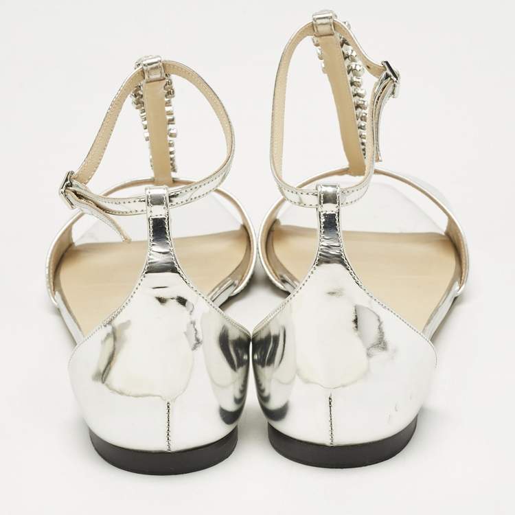 Pre Owned Jimmy Choo Silver Leather Bella Flat Sandals Size 41