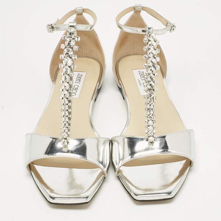 Pre Owned Jimmy Choo Silver Leather Bella Flat Sandals Size 41