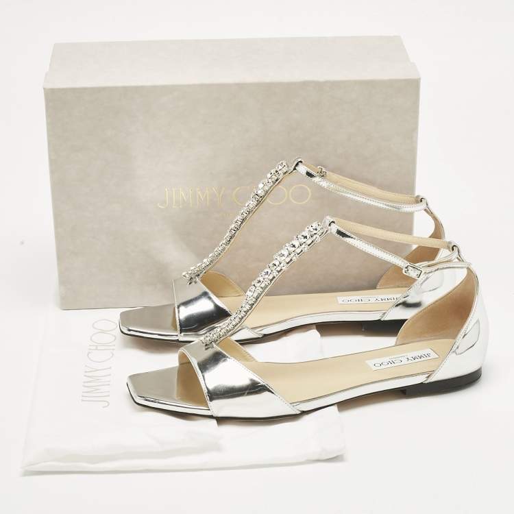 Pre Owned Jimmy Choo Silver Leather Bella Flat Sandals Size 41