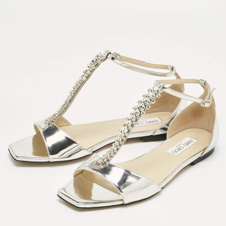 Pre Owned Jimmy Choo Silver Leather Bella Flat Sandals Size 41