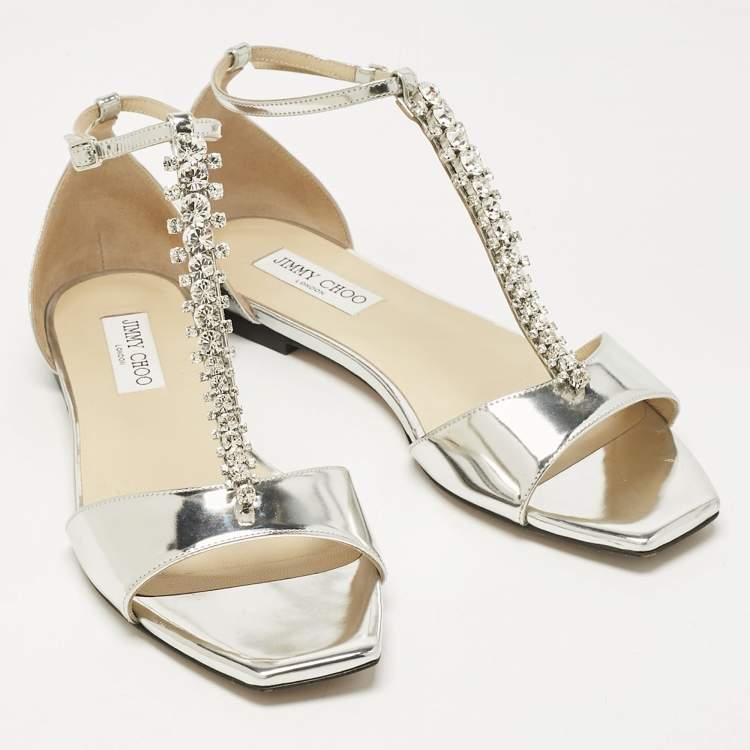 Pre Owned Jimmy Choo Silver Leather Bella Flat Sandals Size 41