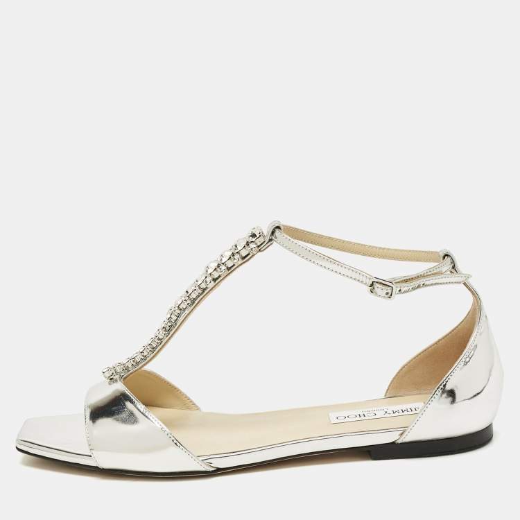 Pre Owned Jimmy Choo Silver Leather Bella Flat Sandals Size 41