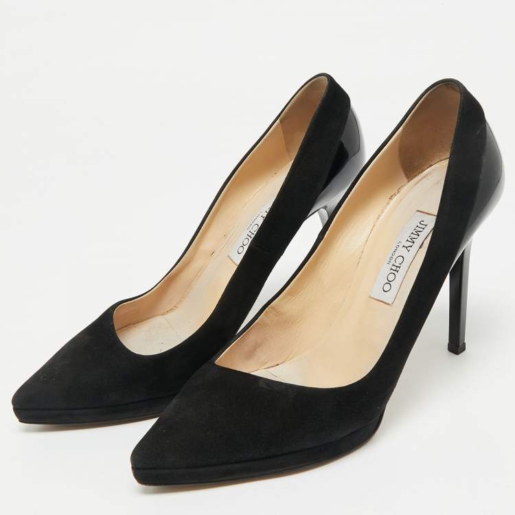 Pre Owned Jimmy Choo Black Suede and Patent Leather Pointed Toe Pumps Size 39.5