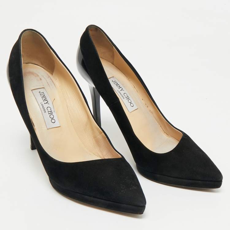 Pre Owned Jimmy Choo Black Suede and Patent Leather Pointed Toe Pumps Size 39.5