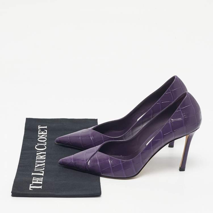 Pre Owned Jimmy Choo Purple Croc Embossed  Leather  Pointed Toe Pumps Size 39