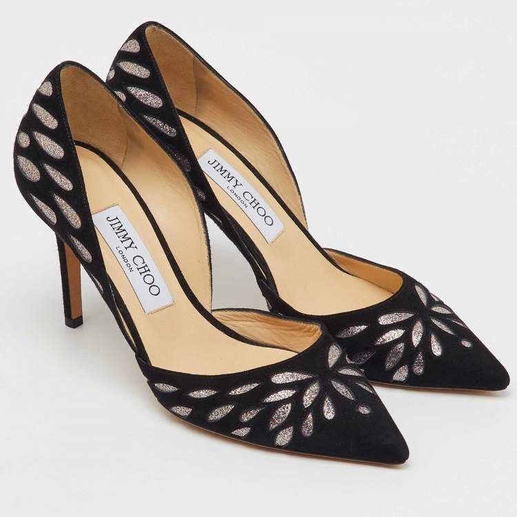 Pre Owned Jimmy Choo Black/Silver Suede and Glitters Pointed Pumps Size 37