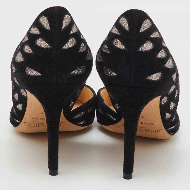 Pre Owned Jimmy Choo Black/Silver Suede and Glitters Pointed Pumps Size 37