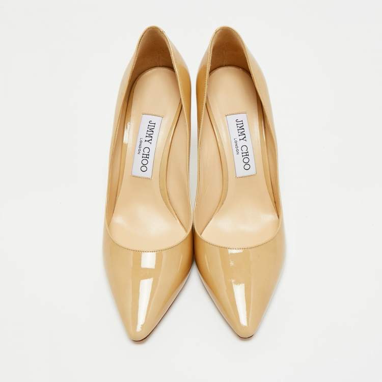 Pre Owned Jimmy Choo Beige Patent Leather Romy Pointed Toe Pumps Size 38