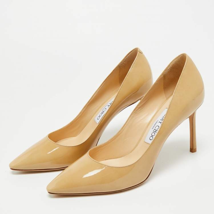 Pre Owned Jimmy Choo Beige Patent Leather Romy Pointed Toe Pumps Size 38