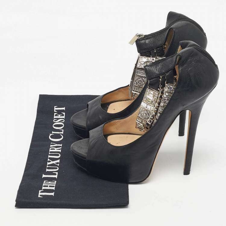 Pre Owned Jimmy Choo Black Leather Crystal Embellished Ankle Cuff Pumps Size 40