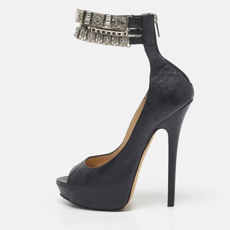 Pre Owned Jimmy Choo Black Leather Crystal Embellished Ankle Cuff Pumps Size 40