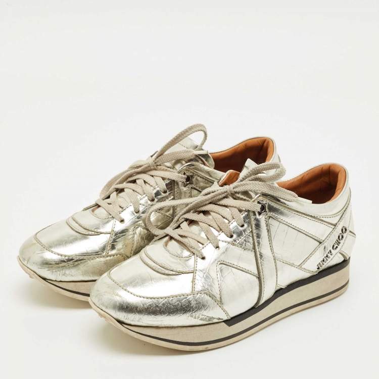Pre Owned Jimmy Choo Gold  Croc Embossed Leather Miami Lace Up Sneakers Size 37.5