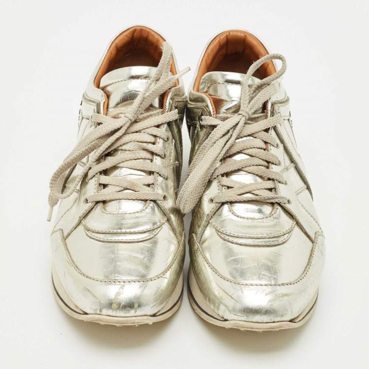 Pre Owned Jimmy Choo Gold  Croc Embossed Leather Miami Lace Up Sneakers Size 37.5
