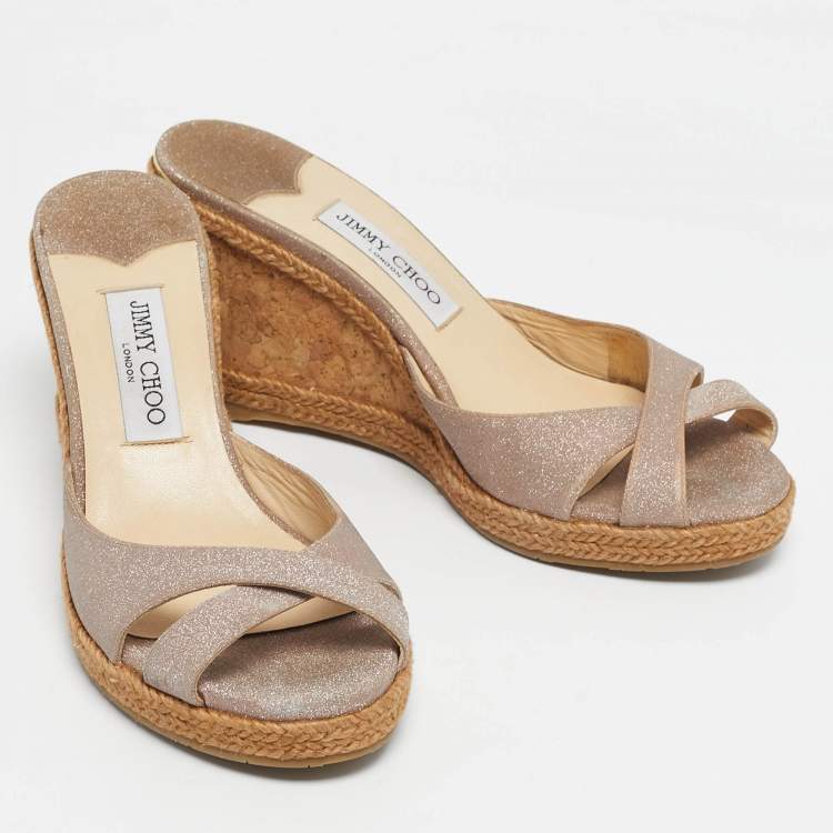 Pre Owned Jimmy Choo Beige Glitter Wedge Sandals Size 40
