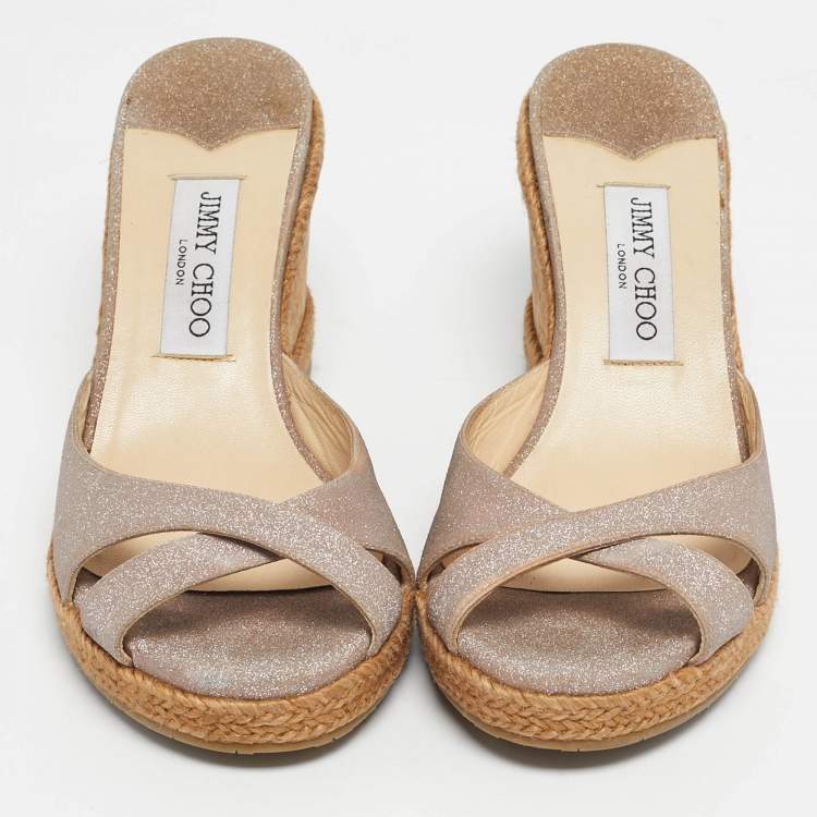 Pre Owned Jimmy Choo Beige Glitter Wedge Sandals Size 40