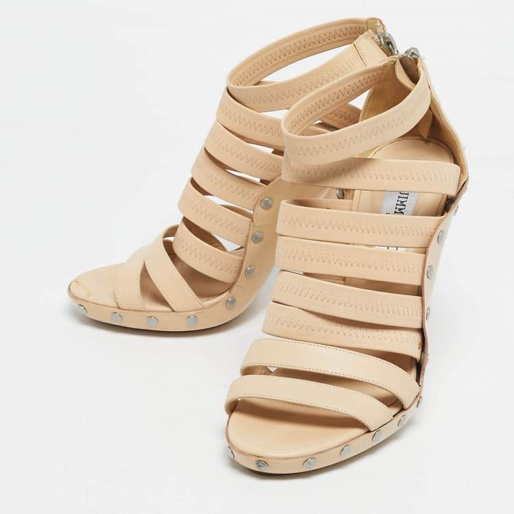 Pre Owned Jimmy Choo Beige Leather and Patent  Ankle Strap Sandals Size 37.5