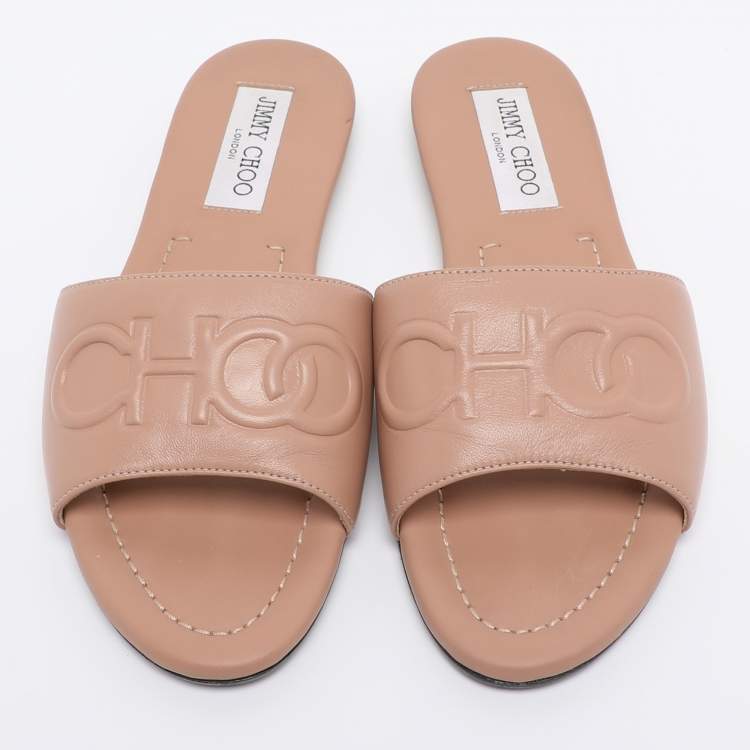 Pre Owned Jimmy Choo Nude Pink Leather Tiaret Flat Slides Size 37
