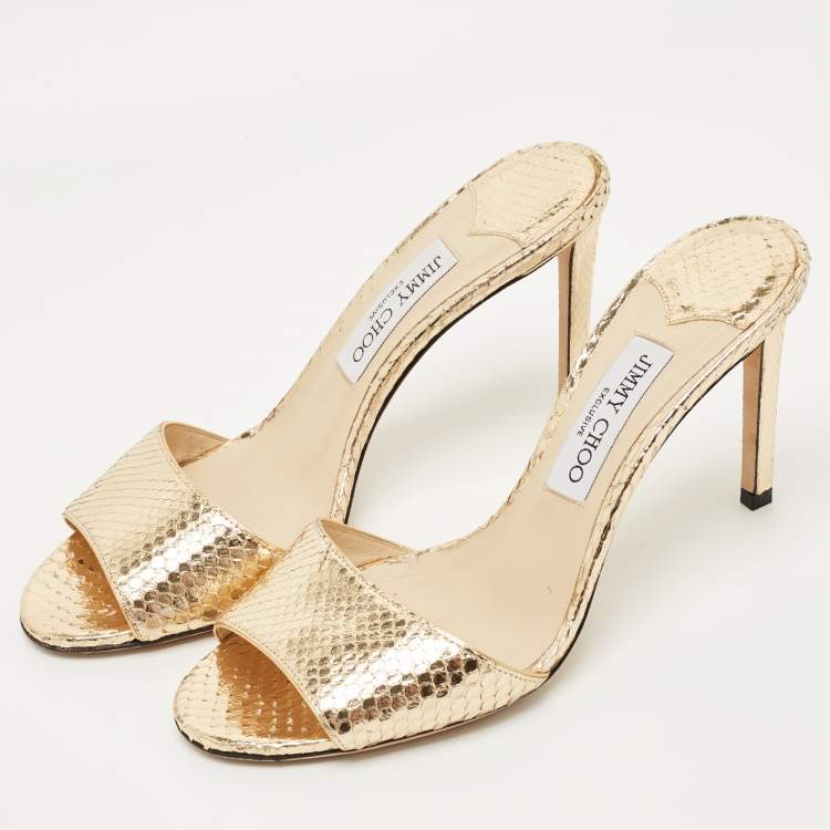 Pre Owned Jimmy Choo Gold Snakeskin Leather Stacey Slide Sandals Size 40