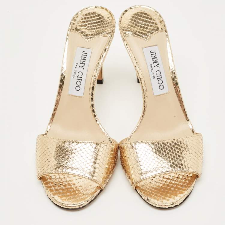 Pre Owned Jimmy Choo Gold Snakeskin Leather Stacey Slide Sandals Size 40