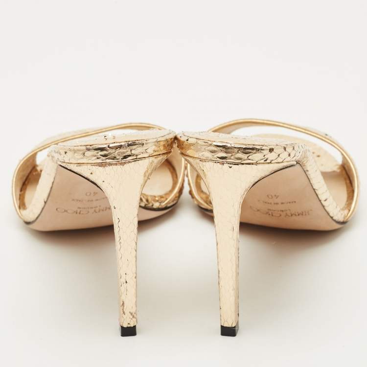 Pre Owned Jimmy Choo Gold Snakeskin Leather Stacey Slide Sandals Size 40