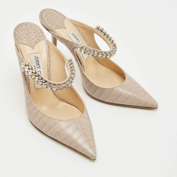 Pre Owned Jimmy Choo Grey Croc Embossed Leather Bing Mules Size 38.5