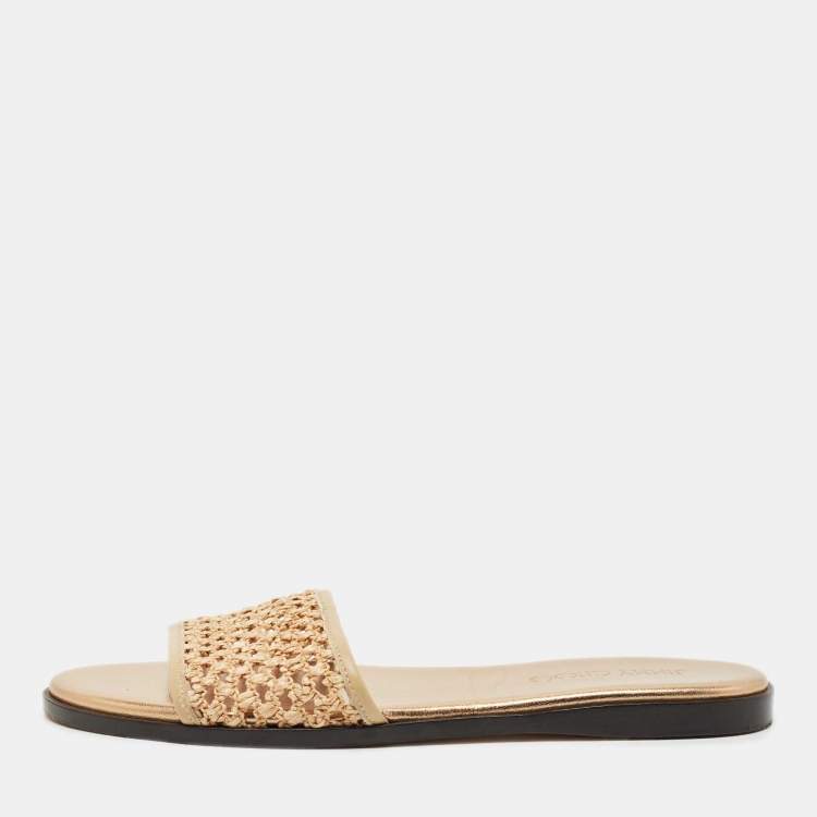 Pre Owned Jimmy Choo Beige Leather and Raffia Flat Slides Size 38