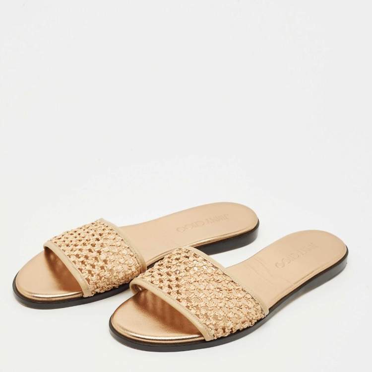 Pre Owned Jimmy Choo Beige Leather and Raffia Flat Slides Size 38