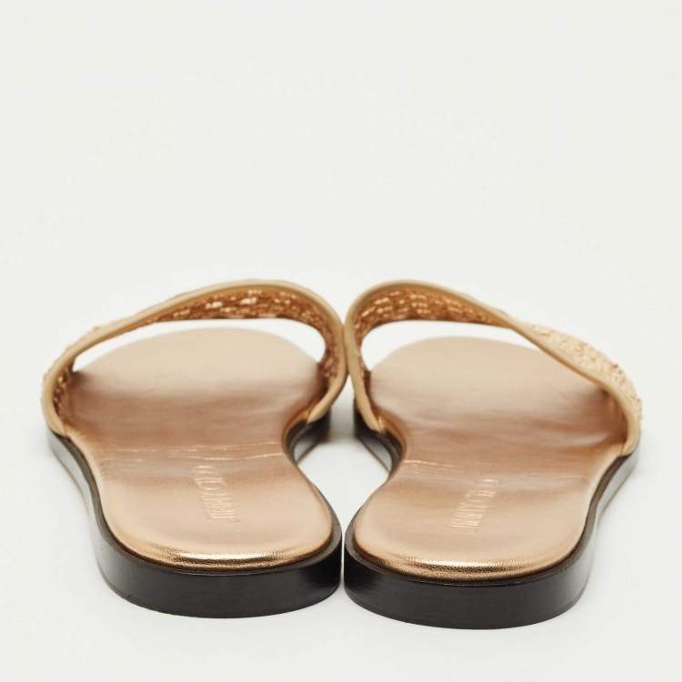 Pre Owned Jimmy Choo Beige Leather and Raffia Flat Slides Size 38